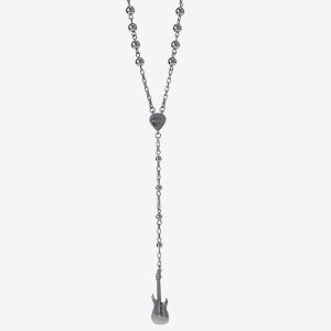 Guitar Pendant Rosary Necklace in Gunmetal Tone