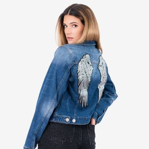 LB GtrCo Women Sequin Wing Denim Jacket Blue